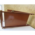 A Antique gentleman's trouser press was normally made by Everitt Ltd, is made of oak and metal,