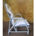 A AWESOME HIGH BACK CANE CHALK PAINTED EASY CHAIR WITH A WHITE CUSHION