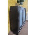 A GORGEOUS DARK WOOD FINISH WALL MOUNTED FROSTED GLASS SLIDING DOOR UNIT WITH THREE ADJUSTABLE SHELF