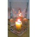 TWO MARVELOUS SQUARE CLEAR GLASS FLOWER/CANDLE VASES WILL MAKE A FANTASTIC CENTRE PIECE - BID PER EA