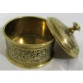 A rare find a round brass box with a  lid beautifully  engraved brass  indian bridal ring box