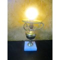 This is a gorgeous brass lamp with a large finial and a marble base