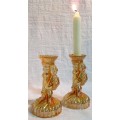 Two Beautiful vintage gold colored etched glass angel candle holders Possibly Carnival/Tiara Glass