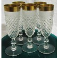 WOW FIVE STUNNING CUT PRESSED CRYSTAL GLASS CHAMPAGNE GLASES WITH A BROAD GOLD TRIM BID PER EACH