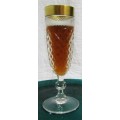 WOW FIVE STUNNING CUT PRESSED CRYSTAL GLASS CHAMPAGNE GLASES WITH A BROAD GOLD TRIM BID PER EACH