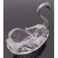 A vintage glass swan salt cellar or ring dish in good shape with a silver plated neck and head