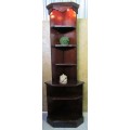 A BEAUTIFUL TALL MAOGNY FINISHED CORNER SHELF UNIT WITH LIGHTS AT THE TOP