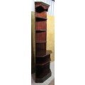 A BEAUTIFUL TALL MAOGNY FINISHED CORNER SHELF UNIT WITH LIGHTS AT THE TOP