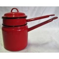 Enamelware Double Boiler Pan Red Graniteware Saucepan Pot Black Trim Rustic Mid Century Retro