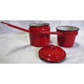 Enamelware Double Boiler Pan Red Graniteware Saucepan Pot Black Trim Rustic Mid Century Retro