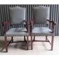 TWO AMAZING TURN OF THE CENTURY SOLID WOOD CARVER CHAIRS WITH BRASS DETAIL