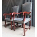 TWO AMAZING TURN OF THE CENTURY SOLID WOOD CARVER CHAIRS WITH BRASS DETAIL