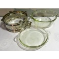 WOW A STUNNING SERVING SET WITH A PYREX BRAND MANCO REG SILVER ELECTROPLATE CARRIER MADE IN ENGLAND