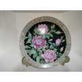 Fuji Japan Porcelain Decorative Plate Pink Roses and Buds Ornate Black Gold 21cm