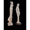 Pair of Vintage Carved Oriental Villager Figurine Resin Statue Carved
