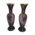 Pair of Vintage Purple Amethyst Glass Vase with Hand Painted Flowers Gold Accents