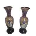 Pair of Vintage Purple Amethyst Glass Vase with Hand Painted Flowers Gold Accents