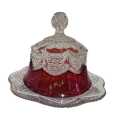 Elegant Ruby Stained Button & Arches Glass Antique Souvenir Butter/Cheese Dish.