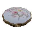 STRATTON White Enamel Powder Compact With Pastel Pink, Peach, Green & Yellow Floral Transfer Design