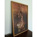 African Copper Relief Art - Tribal Maiden Pounding Wheat - Vintage Handcrafted in Congo