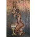African Copper Relief Art - Tribal Maiden Pounding Wheat - Vintage Handcrafted in Congo