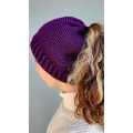 Handmade Crochet Ponytail Beanie Navy with Light Blue Stipe for Teens & Adults
