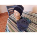 Handmade Crochet Ponytail Beanie Navy with Light Blue Stipe for Teens & Adults