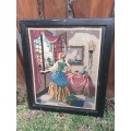 VINTAGE Victorian Tapestry Framed Needlepoint Woman Looking Out Window
