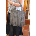 FIRENZE ITALIAN MADE GREY GENUINE SUEDE LEATHER TOTE HANDBAG WITH FRINGED TASSEL DETAIL