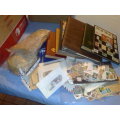 LARGE CLEARANCE LOT-7 ALBUMS,50 PACKETS LOOSES STAMPS,PLUS 2 BAGS LOOSE STAMPS FREE!!