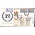 RSA - 25TH ANNI FDC, EXTRA STAMPS + REGISTERED WITH OFFICIAL CANCELS - FAIR!!!!!