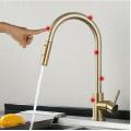 Brushed Gold Stainless Steel Kitchen Sink Faucets Mixer 360  Rotation Smart Touch Sensor Tap