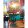 Vintage Wraught Iron Table Lamp With Wicker Shade