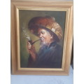 Stunning Reproduction of Chinese Artist H. Cheang (1910 - 198 ?) Old Man Smoking Opium Pipe