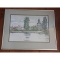 Stunning Framed Watercolor `Church & River` Signed Thast Volker 80`