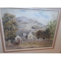Stunning Glass Framed Watercolor `SA Church & Mountains`