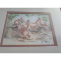 Glass Framed Watercolor `Hens` by SA Artist Y.C. Muller