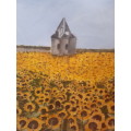 Stunning Glass Framed Acrylic On Fabric `Field of Sunflowers` Signed Pam