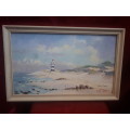 Rare 1986 Oil On Board `Cape Receife Lighthouse` by Popular SA Artist Vincent Olivier (1936 - )