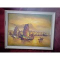 Beautiful 1960`s Oil on Board `Chinese Junk` Hong Kong - Signed