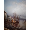 Stunning Oil on Board `Boats in Harbour` Signed