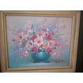 20th Century Artist David Burton Oil on Board `Still life flowers` - Signed