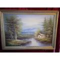 20th Century American Artist Alan Walters Oil on Board `River with Barn` In Gold Gilt Frame