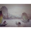 Large Original Oil on Canvas `Boats in Harbour Hong Kong` Signed (Chinese Signature)