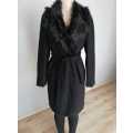 Black belted Melton Coat with faux fur collar