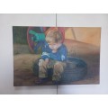 Original Painting of a Young Boy Day Dreaming Will Be Sitting On an Old Car Tyre.