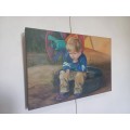 Original Painting of a Young Boy Day Dreaming Will Be Sitting On an Old Car Tyre.