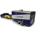 Greenlight Diecast Model Car Set Hitch and Tow Ford F 150 F150 Pickup 2016 + Car Trailer `Michelin`
