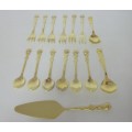 Complete 15pc set of gold plated teaspoons, forks, 2x sugar spoons and cake server