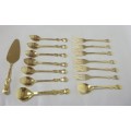 Complete 15pc set of gold plated teaspoons, forks, 2x sugar spoons and cake server